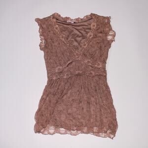 6 Degrees Y2K Brown Double Lined Lace Tshirt With Silver Glitter Size S